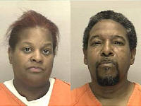 Side-by-side mugshots of a woman on the left and a man on the right, both wearing orange prison jumpsuits with neutral expressions.